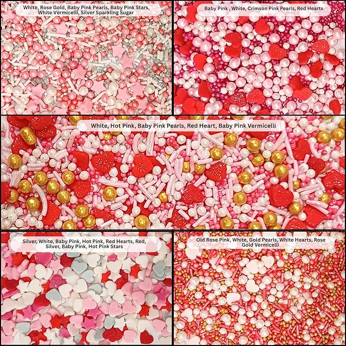 Confect Pink, Red & White Pearls Sprinkles | Mix Hearts Sprinkle | Anniversary Blend for Baking & Cake Decorative | Cookie sprinkles | Edible sprinkles Mix Pack of 5 - Vegan, Gluten-Free, Nut-Free, Soy-Free, Dairy-Free, Palm Oil-Free -5 Oz
