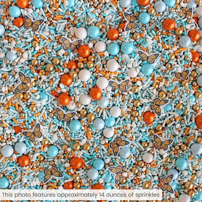Sprinkle Pop Monarch Butterfly Sprinkle Mix| Blue Orange Sprinkles with ~10 Butterfly Wafer Paper and Gold Dragees| Decorating Sprinkles Made In USA for Mother’s Day Cupcakes Cakes Cookies Donuts, 2oz