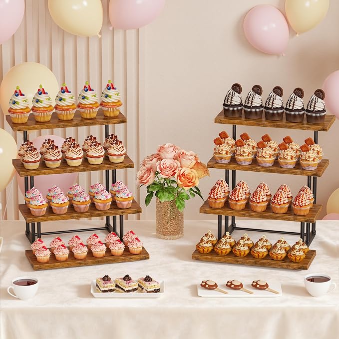 Emfogo Wooden Cupcake Display Stand, 4 Tier Rectangular Tiered Dessert Stands, Dessert Table Display Set for Vendor Booth Party Large Cup Cake Tower for Cup Cake Cookie Food (2 Pack)