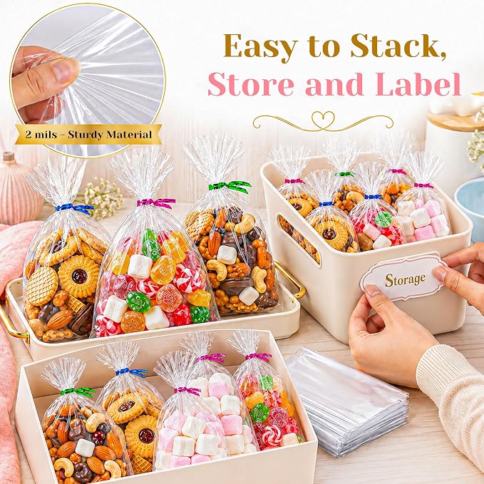 LOKQING Cellophane Bags Plastic Treat Bag Clear Cookie Candy Bags with Twist Ties for Party Favor Bag, Graduation Gift Bags(100 Pack, 5x7inch)