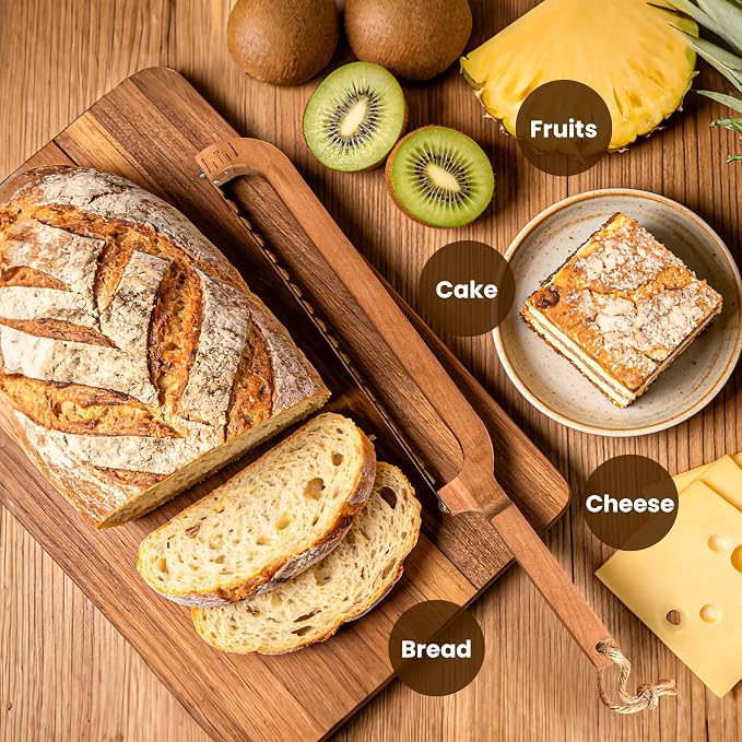 16" Wooden Bow Bread Knife with Measuring Scale – Fiddle Bow Slicer for Homemade Bread & Sourdough, Serrated Stainless Steel Bread Saw for Artisan Loaves, Bagels & Baguettes