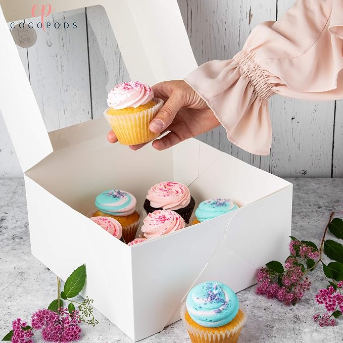 25 Pack Auto Pop-Up Cake Boxes with Viewing Window & 50 Stickers - This White 10x10x5 Bakery Boxes Container is Suitable For Cakes, Cupcakes, And Cookies - Dessert Boxes with Clear Display