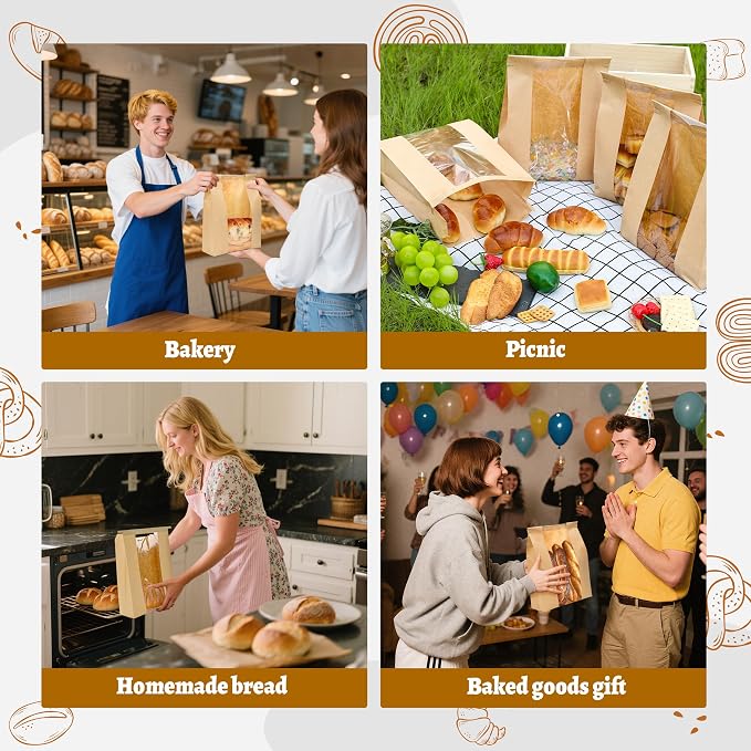 NPLUX 25 Pack Sourdough Bread Bags for Homemade Bread with Tin Tie Tab Lock Bakery Bags with Window kraft Bag for Toast Sandwich Cookie Snacks, Graduation Gift Bags(8.27x13.6x3.54In)