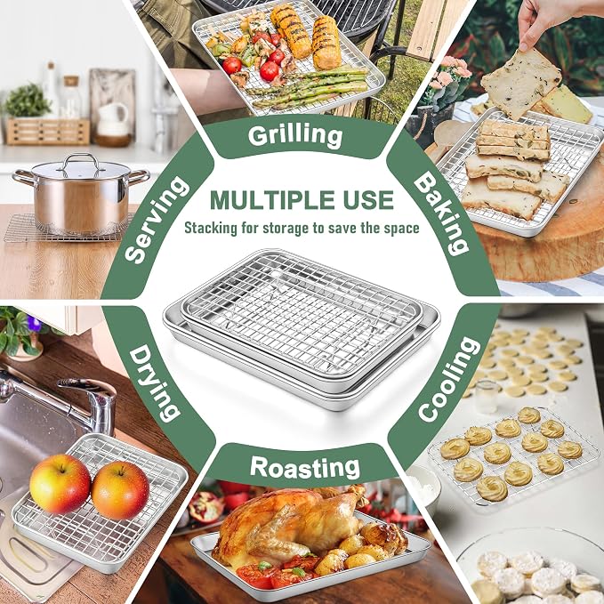 Homikit Toaster Oven Pan with Rack Set (1 Pan+1 Rack), 9 x 7 Inch Small Baking Sheet with Wire Rack, Stainless Steel Cookie Sheets for Baking, Cookie Bacon Tray with Cooling Rack, Dishwasher Safe