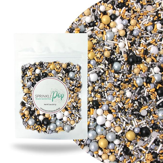 Sprinkle Pop Meet Me At Midnight Sprinkle Mix| White Silver Black Gold Sprinkles with Stars| New Years Graduation Wedding Sprinkles Made in USA for Decorating Cakes Cookies Cupcakes Ice Cream, 2oz