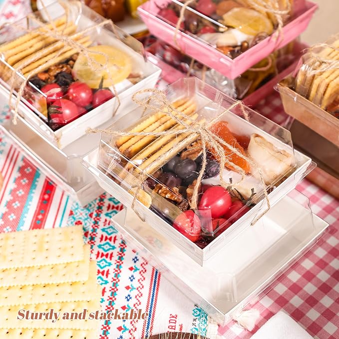 50 Pack White Kraft Grazing Boxes 5.3x4.9x2.5in for Snack Tables | Use for cookies, fruit, cake slices, mini sandwiches or tasting portions after cooling.