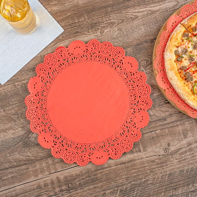Restaurantware Pastry Tek 12 x 12 Inch Lace Doilies 100 Decorative Tableware Placemats - Disposable Round Red Paper Table Doilies For Birthdays Or Weddings Table Decor