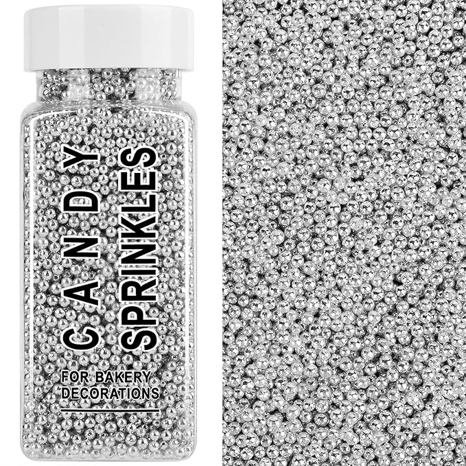 Silver Nonpareils Sprinkles, 2mm Edible Pearls for Cake Decorating, 4.6oz Mini Sugar Candy Pearls for Baking, Cupcake, Cookie, Ice Cream Toppings, Wedding Party Christmas Winter Holiday Supplies