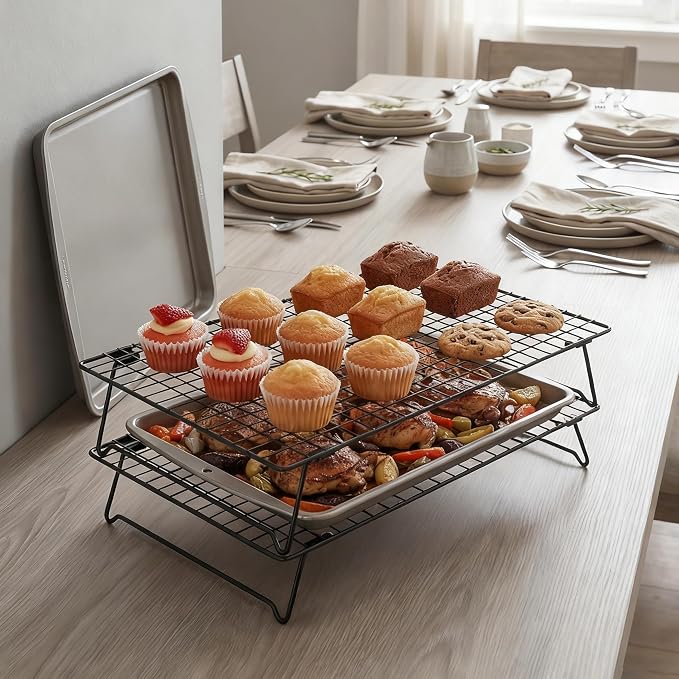 Cooling Racks for Cooking and Baking, 13.4x9.4 Inch 2-Pack This Durable Carbon Steel Wire Cooling Rack is Stackable, Ideal for Cookie Cooling, Roasting, and Making Jerky.