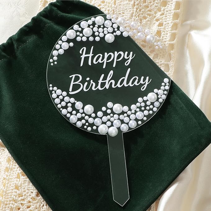 Coucoland Birthday Cake Topper - Round Acrylic Cake Decor with Elegant Pearls for Party Supplies