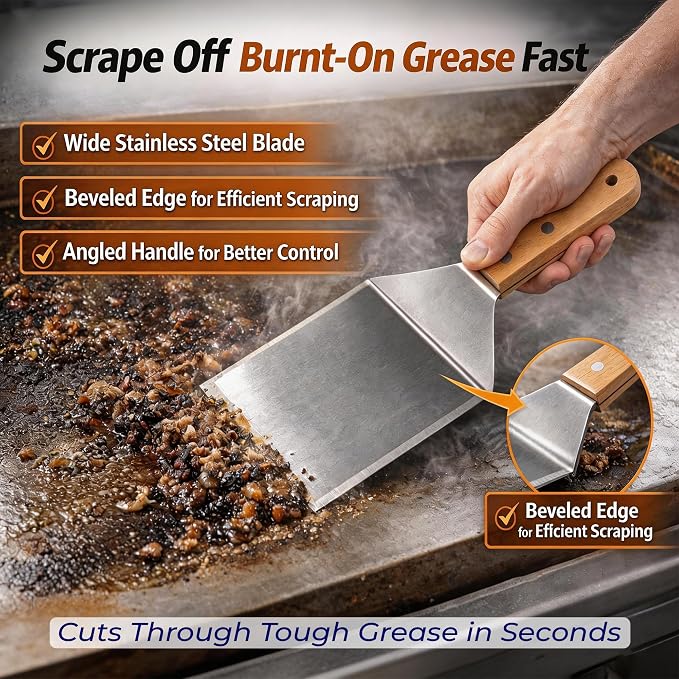 Extra Wide Griddle Spatula – Large Metal Grill Spatula with Full Tang Wooden Handle & Beveled Edges, Heavy Duty Turner for Skillets, Griddles & Grills, Perfect for Burgers (Style 04)