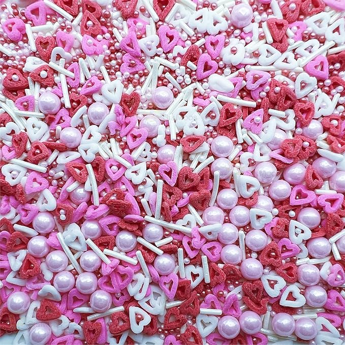 SE Si&Moos Red White and Pink Heart Sprinkles for Cake Decorating Edible Cake Sugar Pearls Valentines Sprinkles Heart Cake Decorations for Cupcakes, Ice Cream, Donuts and Lollipops Party Baby Shower Holiday Supplies 3 OZ