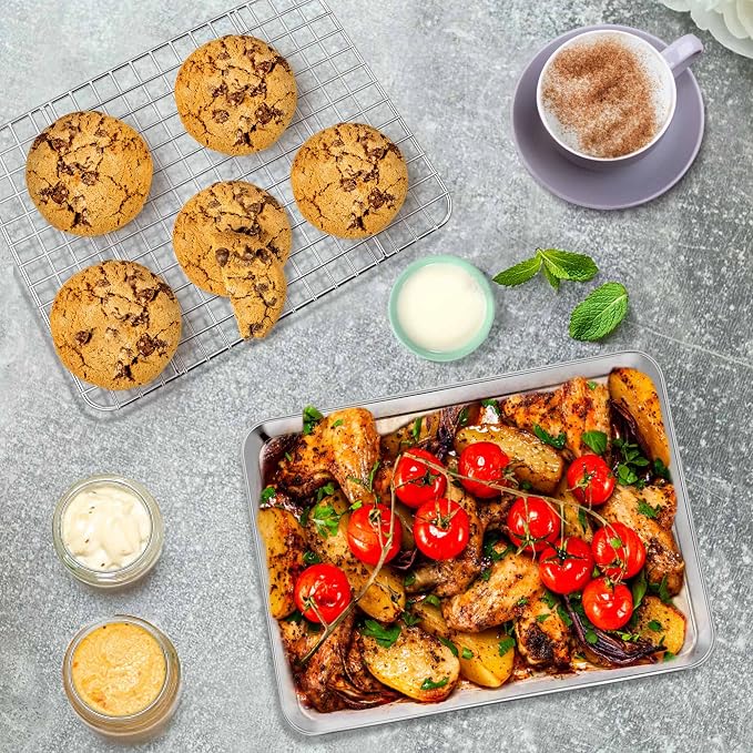 P&P CHEF 12.5 Inch Toaster Oven Pan with Rack Set, Stainless Steel Baking Pan Tray and Grid Cooling Rack for Cooking/Roasting, Dishwasher Safe & Easy to Clean, Non-toxic & Sturdy, (4Pcs)