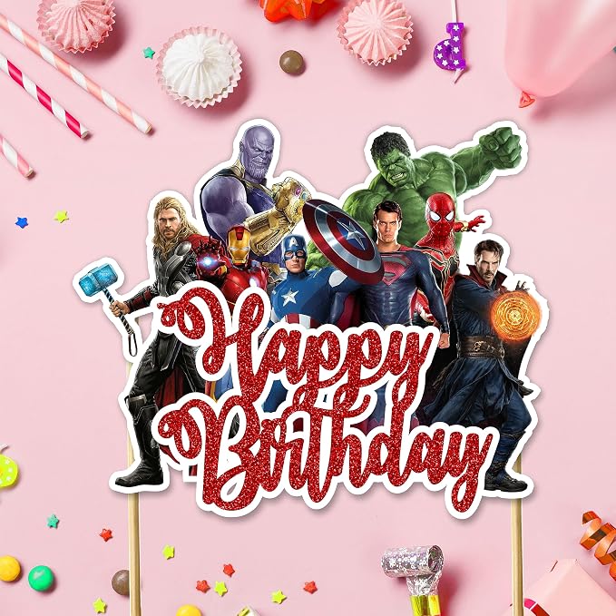 Superhero Happy Birthday Cake Topper – Comic Theme Party Decorations | Perfect for Men & Adults Celebrations | Ideal for Cakes, Cupcakes & Party Décor