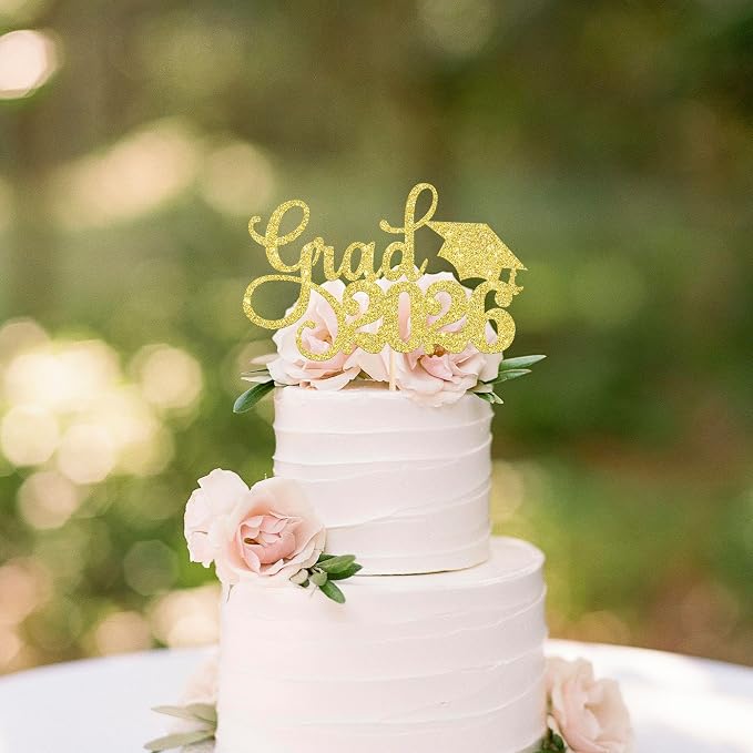 1 Pack Grad 2026 Cake Topper with Glitter Congrats Grad Cap Class of 2026 Cake Pick Decorations for 2026 Graduation Theme School Boys Girls Graduate Party Supplies Gold