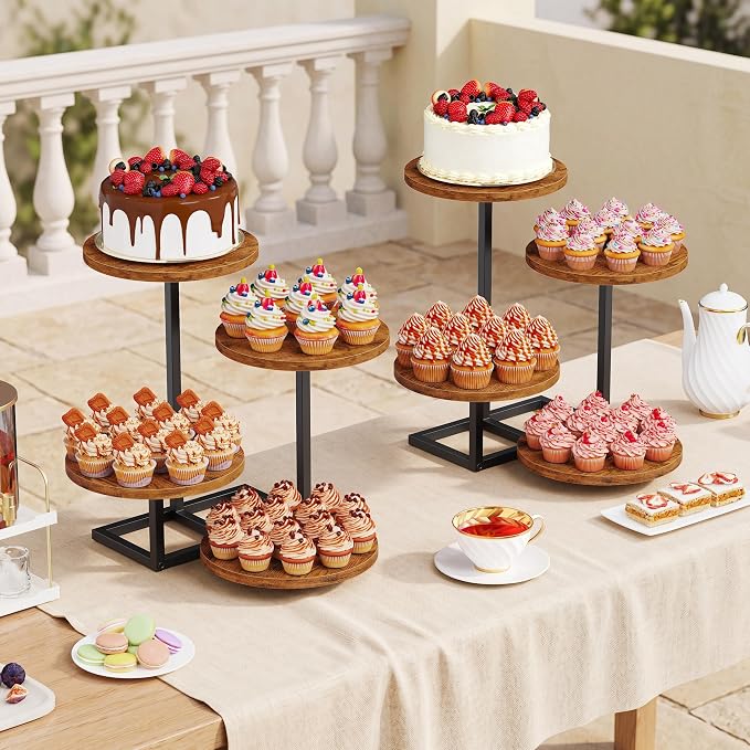 Emfogo 4 Tier Cupcake Tower Stand, Wood Round Dessert Table Display Set, Cup Cake Display Stands for Wedding Birthday Party Afternoon Tea Farmhouse Tiered Tray for Cake Cookie Food (2-Pack)