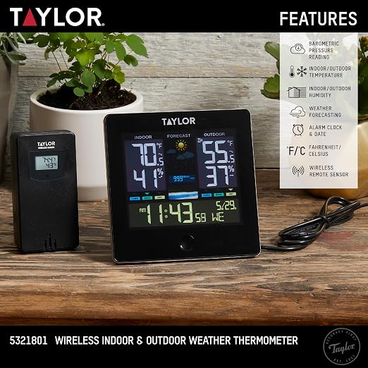 Taylor Digital Wireless Deluxe Indoor Outdoor Thermometer, Weather Station Forecaster, Calendar with Clock, Easy-to-Read Display for Home, Office, Greenhouse, Nursery, and Indoor Areas, LCD, Black