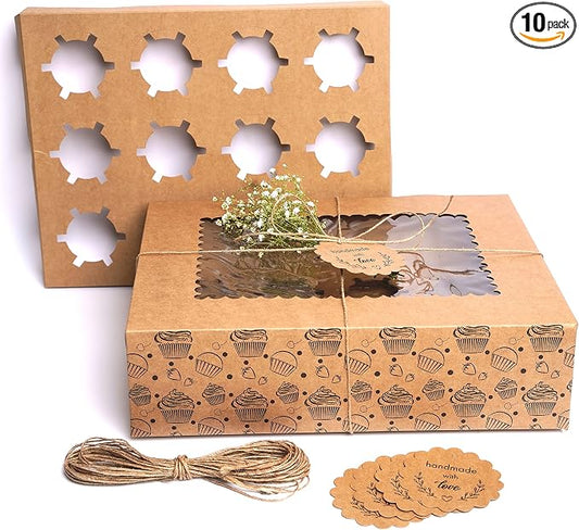 Cupcake Boxes with Window, Food Grade Kraft Bakery Containers to fit 12 Cupcakes, Cookies, Muffins, Pastry, Long Treats (10)