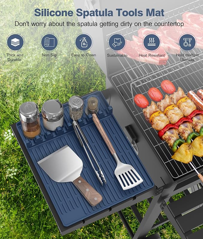 Silicone Griddle Tools Mat for Blackstone - Large Silicone Spatula Mat with Drip Pad - Griddle Mats BBQ Grill Accessories - Blackstone Griddles Accessories, Gifts for Men(Blue)
