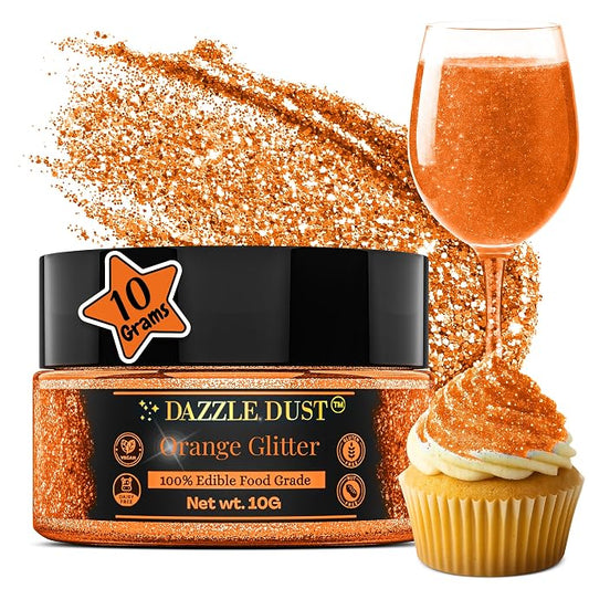 Dazzle Dust Edible Glitter Sprinkles for Cake Decorating, Drinks, Cookie, Icing, Dessert Decorations, Sparkly Luster, Food-Grade, Vegan, Gluten Free, Kosher, Bulk 10g, Orange