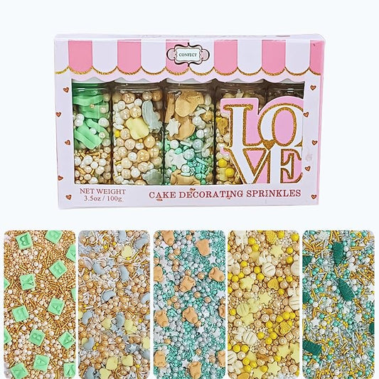 Confect Baby Shower Sprinkles | Gender Reveal Sprinkles | Gold, Silver, Mint Green & Pearl Dragees | Mix Silver Baby Feet & Feeding Bottle Sprinkle | Vegan & Gluten Free - 5 Oz