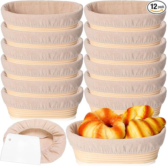 Gejoy 12 Set Bread Proofing Baskets Oval Shaped Banneton Dough Proofing Bowls Kit with Cloth Liner and Plastic Scraper Sourdough Proofing Basket for Home Sourdough Bakers Supplies (10 Inch)