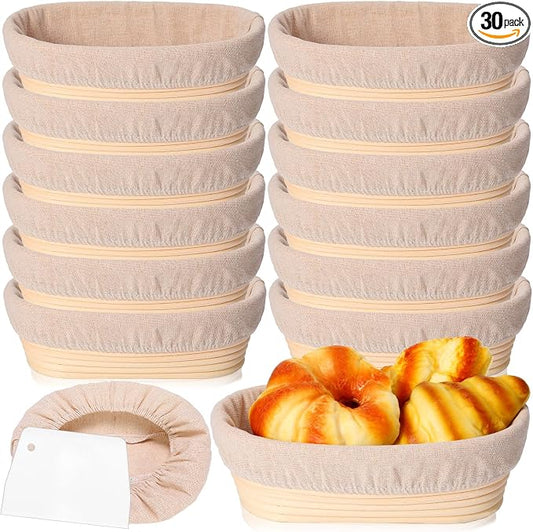 Gejoy 30 Set Bread Proofing Baskets 10 Inch Oval Shaped Banneton Dough Proofing Bowls Kit with Cloth Liner and Plastic Scraper Sourdough Basket for Home Sourdough Bakers Supplies