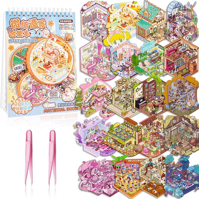 20 Sets DIY 3D Sticker Scene Collection Book DIY 3D House Stickers Make Your Own Sticker Therapy Cute Cartoon Stickers Scenes for Relief Stress Pass The Time (Blue - 20 Sets)