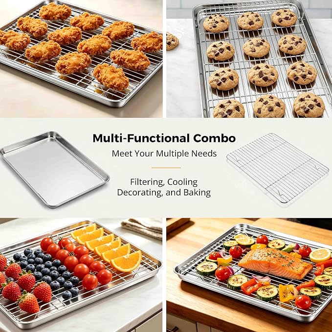 Onader Baking Sheet with Wire Rack, 16x12 Inch Stainless Steel Cookie Sheet with Cooling Racks for Cooking and Baking, Jelly Roll Pan for Oven, 1 Pan + 1 Rack, Nonstick & Rust Resistant