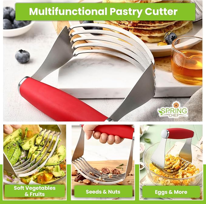 Spring Chef XL Stainless Steel Pastry Cutter Tool for Baking - Heavy Duty Dough Blender - Butter & Dough Cutter Tool with Sharp Blades - Pastry Blender for Easy Mixing - Dishwasher Safe - Red
