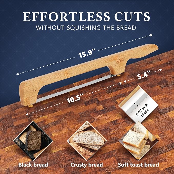 Albert&Grace Adjustable Bread Bow Knife - Sourdough Bread Slicer with Serrated Stainless Blade, Extra Replacement Blade & Sheath, Easy Thumb-Screw Swap, Right- or Left-Handed Use, Gift for Bakers
