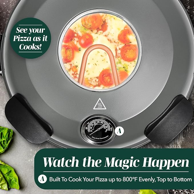 Cook With Color Electric Countertop Pizza Oven, Indoor Crispy Crust Pizza Maker, 12 Inch Pizza Oven with Ceramic Stone, Heats up to 800°F, Dual Temperature Control, Includes Pizza Peel, Gunmetal Gray