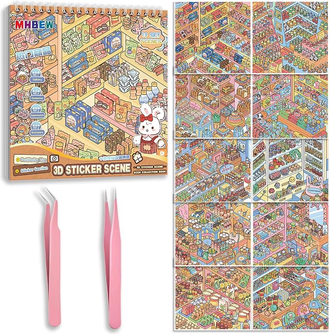 10 Sets Big DIY 3D Sticker Scene Book for Kids Adults Make Your Own Shop House Stickers for Gifts Stickers Therapy for Adult Relief Stress Pass The Time Supermarket Bakery Toy Cosmetics Store