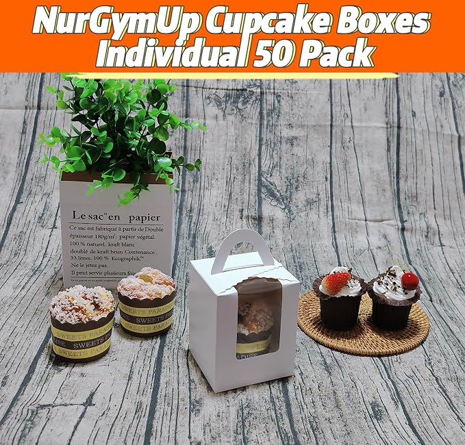 Individual Cupcake Boxes Bulk, 50 Pack Premium Single Cupcake Boxes with Clear Display Window, Food Grade White Cupcake Carrier Cupcake Container, Perfect for Cupcakes Muffins Cookies