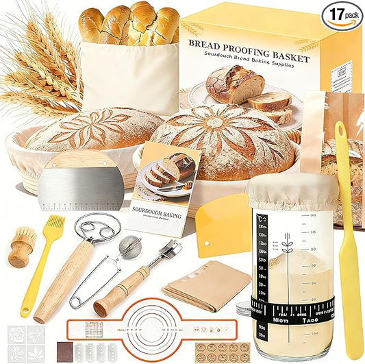 Sourdough Starter Kit, Sourdough Bread Baking Supplies, Round & Oval Banneton Bread Proofing Basket, Bread Sling, Starter Jar, Dough Whisk, Scrapers, Stencils & Bag, Complete Sourdough Kit Gifts