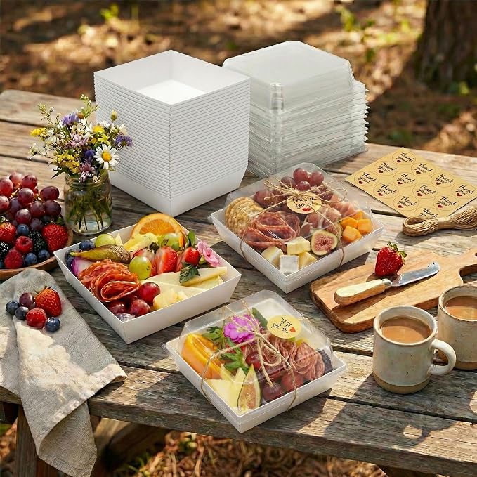 Leafiew 50 Pack Small Charcuterie Boxes with Clear Lids - To Go Paper Mini Charcuterie Box, Disposable Food Containers, 5Inch Dessert Boxes - Sandwich, Cookie, Sushi, Cake Slice, Strawberries (White)