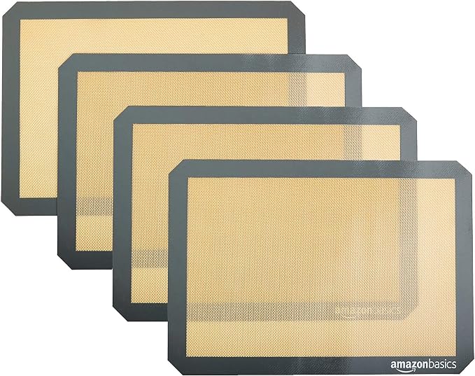 Amazon Basics Non-Stick Silicone Baking Mat, Food Safe, Dishwasher Safe, Heat Resistant, 16.5" x 11.6", Beige/Gray, Rectangular, 4-Pack