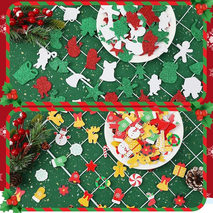 SEPGLITTER 600Pcs Christmas Foam Sticker Xmas Glitter Self Adhesive Sticker | Santa Claus Snowman Snowflake Decal for Kids, Handmade Card DIY Arts Crafts, Winter Party Favors Decorations