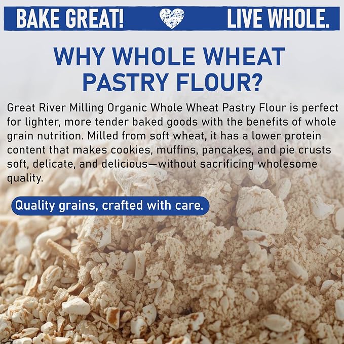 Great River Milling Organic Whole Wheat Pastry Flour | Soft Texture, Lower Gluten | USDA Organic, Non-GMO, Kosher | Ideal for Muffins, Cookies, Cakes & More | 25 Lb (Pack of 1)