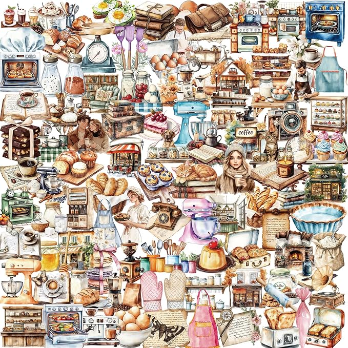 100Pcs Vintage Aesthetic Stickers for Kindle, Coffee&Bakery Aesthetic Self-Adhesive Scrapbooking Stickers Supplies Journal Stuffers for Adult Card Making Letters DIY (Vintage)