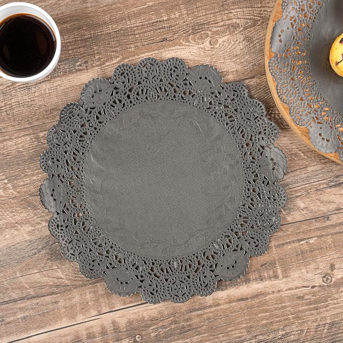 Restaurantware Pastry Tek 12 x 12 Inch Lace Doilies 100 Decorative Tableware Placemats - Disposable Round Black Paper Table Doilies For Birthdays Or Weddings Table Decor