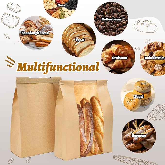 NPLUX 25 Pack Sourdough Bread Bags for Homemade Bread with Tin Tie Tab Lock Bakery Bags with Window kraft Bag for Toast Sandwich Cookie Snacks, Graduation Gift Bags(8.27x13.6x3.54In)