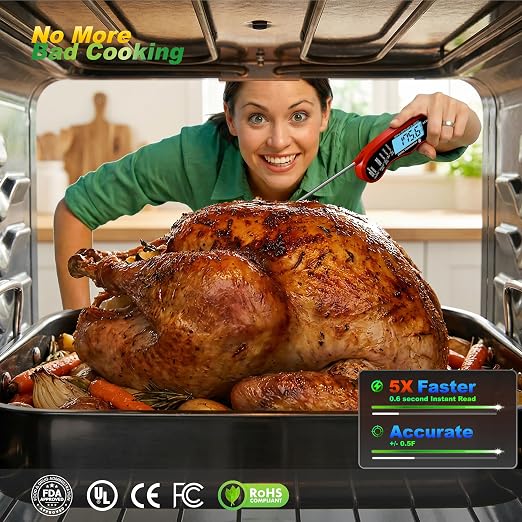 0.6S Instant Read Digital Meat Thermometer Pen for Outdoor BBQ, Grilling, Smoking, Oven Baking, Oil, Candy with Factory-Calibrated Waterproof Magnetic Backlit Flip Display, Motion Sensor.