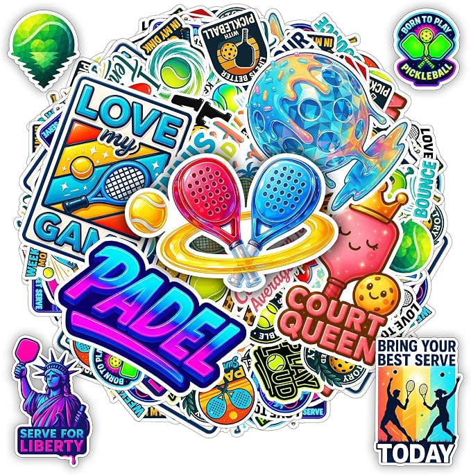 100 PCS Pickleball Tennis Padel Stickers Pack, Racket Sports Decor | Waterproof Vinyl Sports Decals for Laptop Water Bottle Paddle Scrapbook Bag Journal Gift for Athletes Teens Adults Women