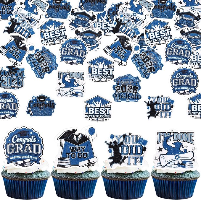 63 PCS Edible 2026 Graduation Cupcake Toppers Congrats Grad Cap Cupcake Picks Edible Diploma Done You Did it Cake Decorations for Class of 2026 Graduation Theme Party Decorations Supplies Black Blue