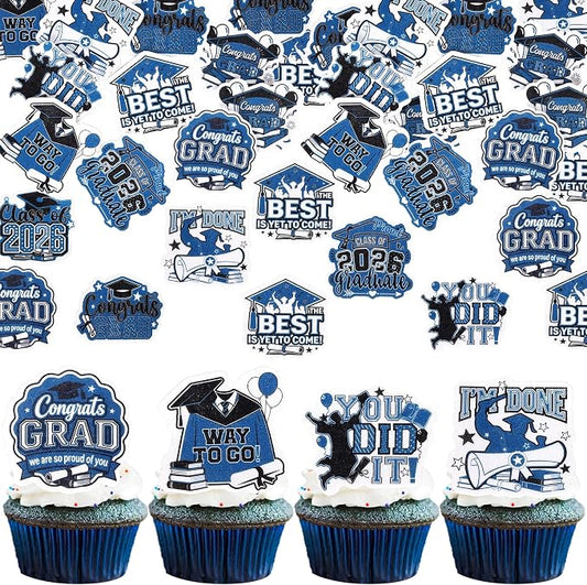 63 PCS Edible 2026 Graduation Cupcake Toppers Congrats Grad Cap Cupcake Picks Edible Diploma Done You Did it Cake Decorations for Class of 2026 Graduation Theme Party Decorations Supplies Black Blue