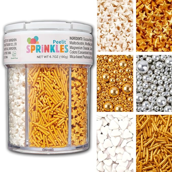 Peelit Gold & Silver Sprinkles Mix (6.7oz) – Edible Metallic Pearls, Stars & Hearts for Cake Decorating – Satisfying Crunch 6-in-1 Jar for Baking, Cookies, Cupcakes – Premium Edible Cake Toppers