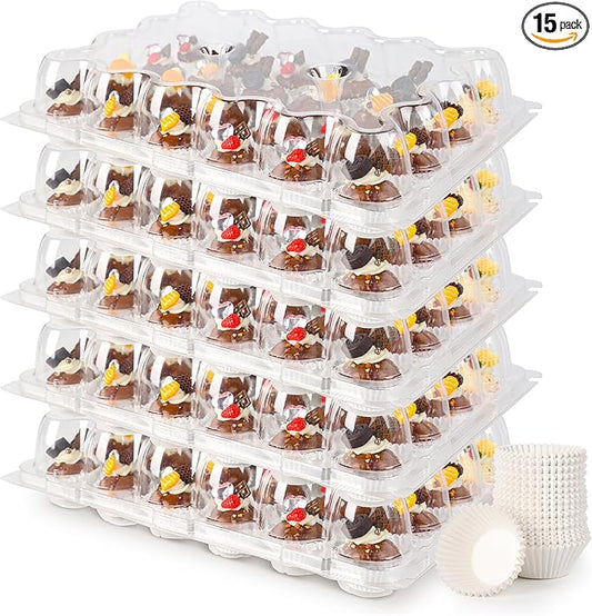 Mini 24 Count Cupcake Containers 15 Pack with 360 Pack Cupcakes Liners, Plastic Cupcake Holder, Stackable Mini Cupcake Boxes Carrier, Clear Disposable Cupcake Trays, High Dome