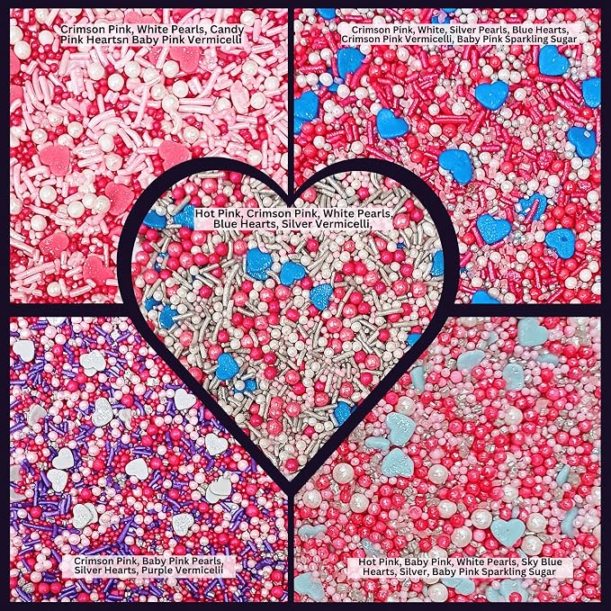 Confect Blue, Pink & White Pearl Heart Sprinkles Mix – Edible Baking Decorations for Cakes, Cupcakes, Cookies – Baby Shower & Frozen Theme Sprinkles with Silver Sparkling Sugar – Pack of 5 - Vegan, Gluten-Free, Nut-Free, Soy-Free, Dairy-Free, Palm Oil-...