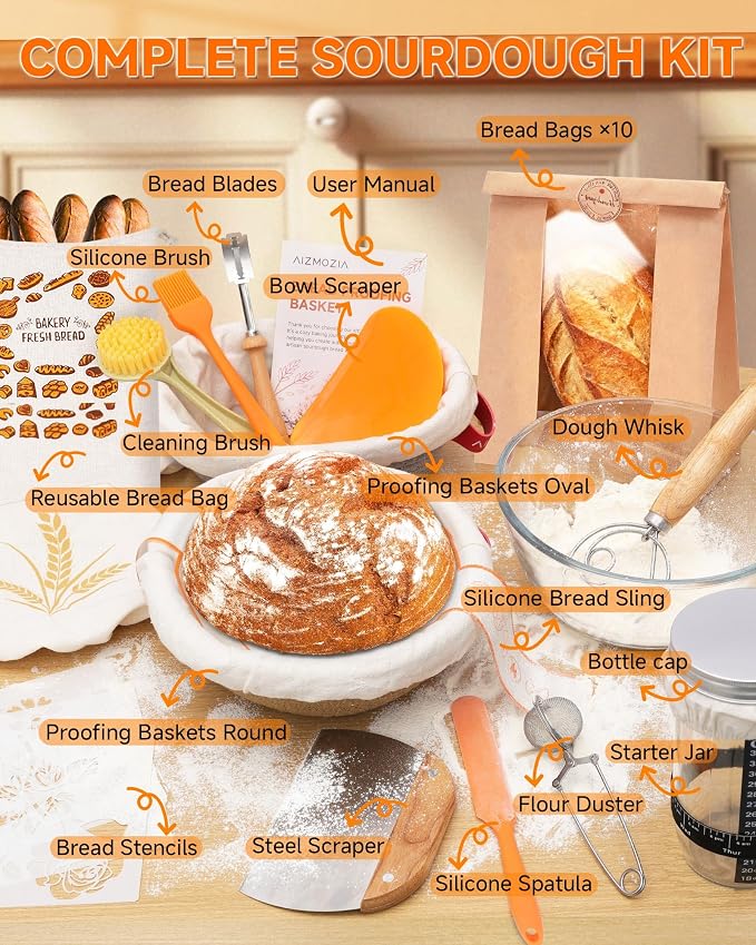 Complete Sourdough Starter Kit With Woven Proofing Basket, Sour dough Starter jar, Sourdough Bread Baking Supplies, Bread Making Kit,Perfect for Beginners & Gift